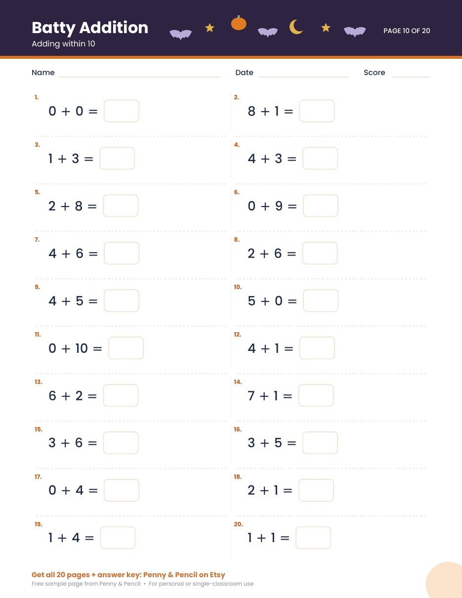 Free Halloween Addition Worksheet preview (Kindergarten-1st Grade)