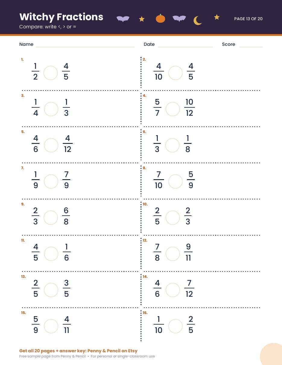 Free Halloween Fractions Worksheet preview (4th-5th Grade)