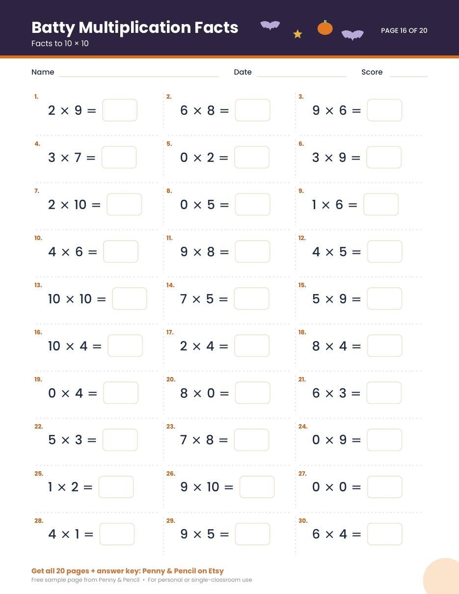 Free Halloween Multiplication Worksheet preview (2nd-3rd Grade)