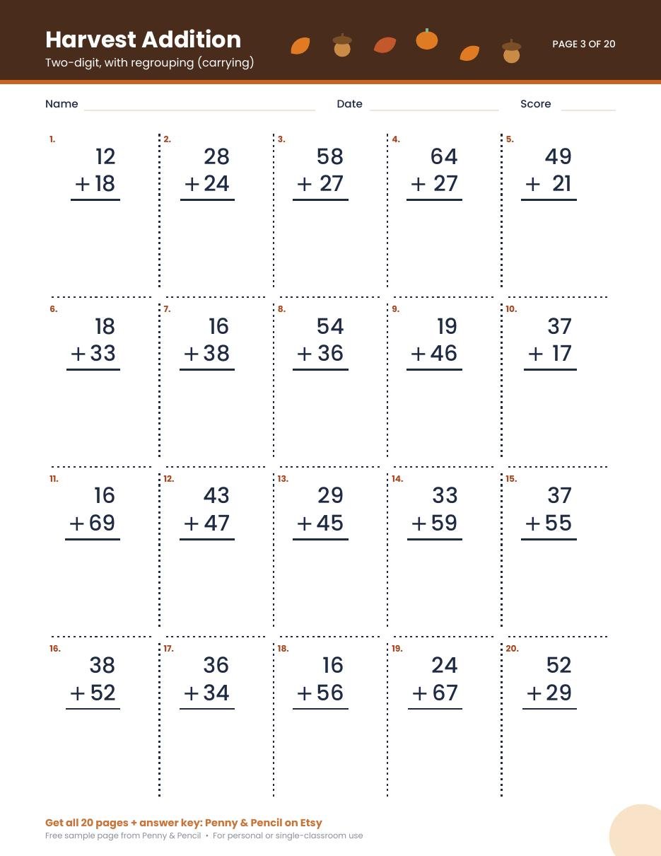 Free Thanksgiving Addition with Regrouping Worksheet preview (2nd-3rd Grade)
