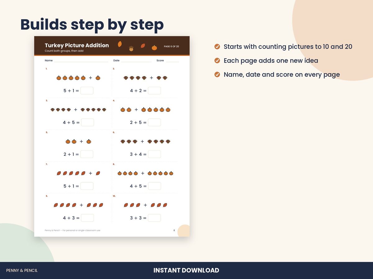Thanksgiving Math Worksheet Bundle K-5 preview 3