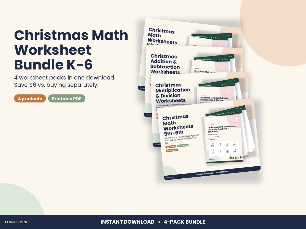 Christmas Math Worksheet Bundle K-6 preview 1
