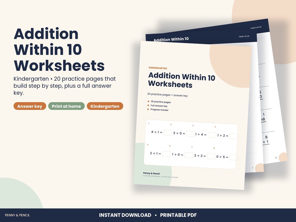 Addition Within 10 Worksheets