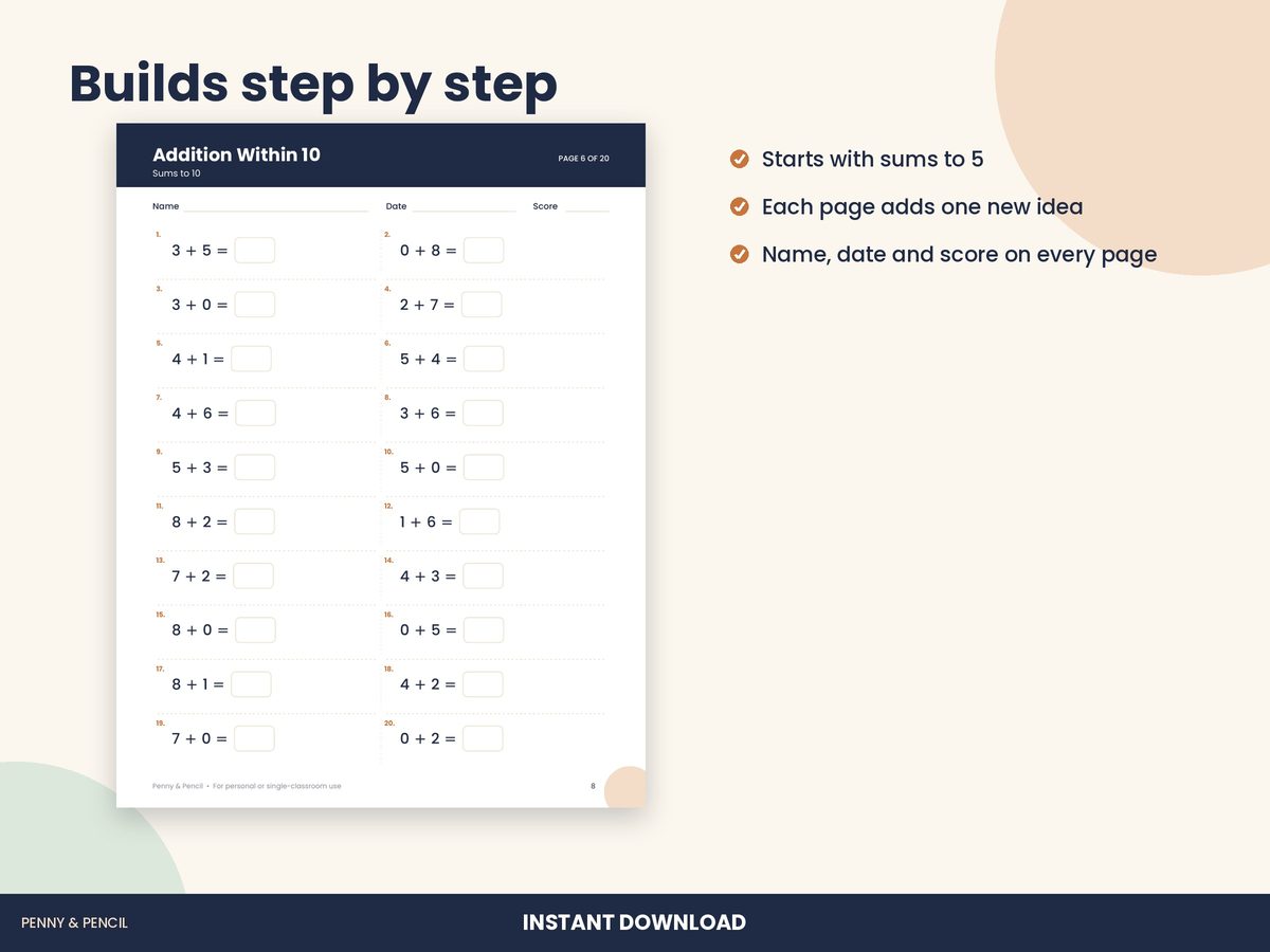 Addition Within 10 Worksheets preview 2