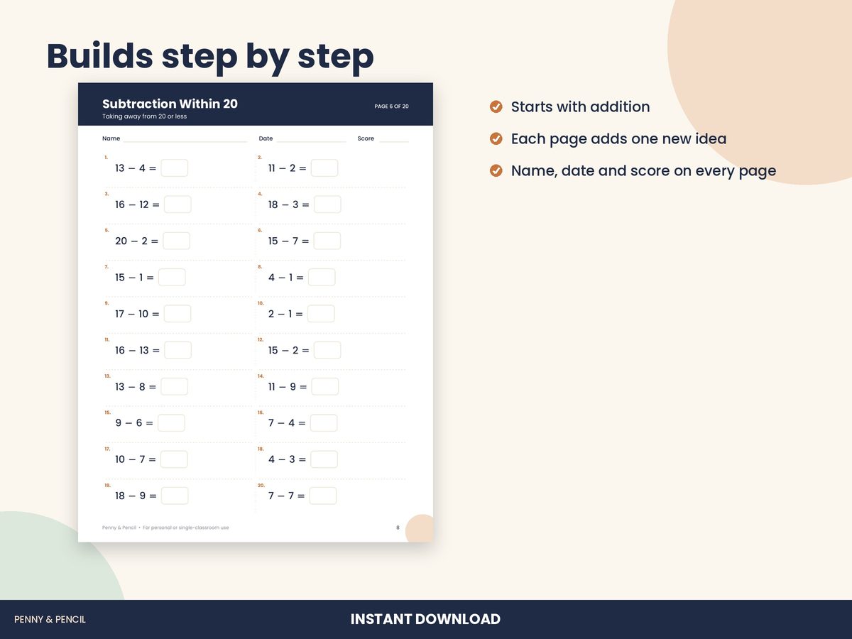Addition & Subtraction Within 20 Worksheets preview 2