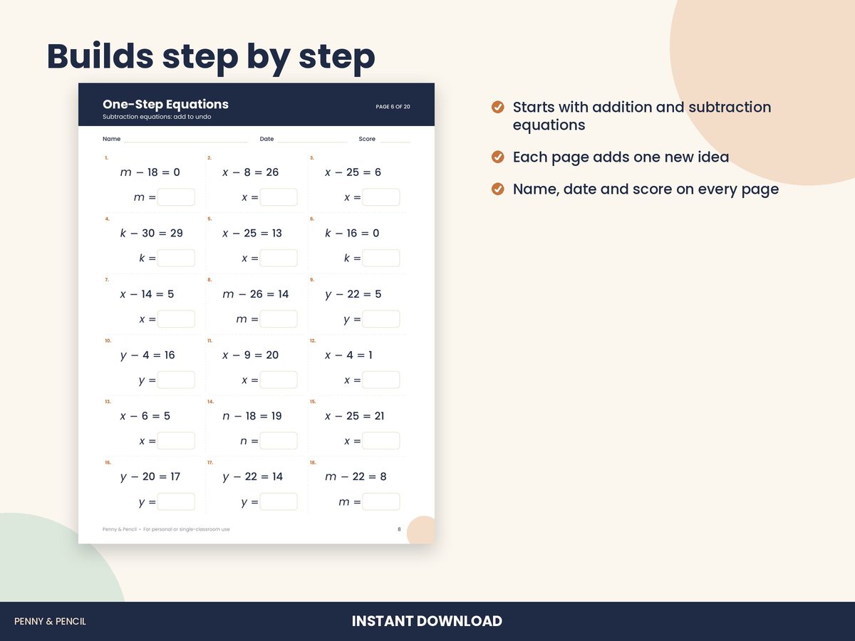 One-Step Equations Worksheets preview 2