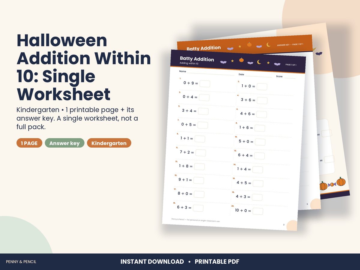 Halloween Addition Within 10: Single Worksheet