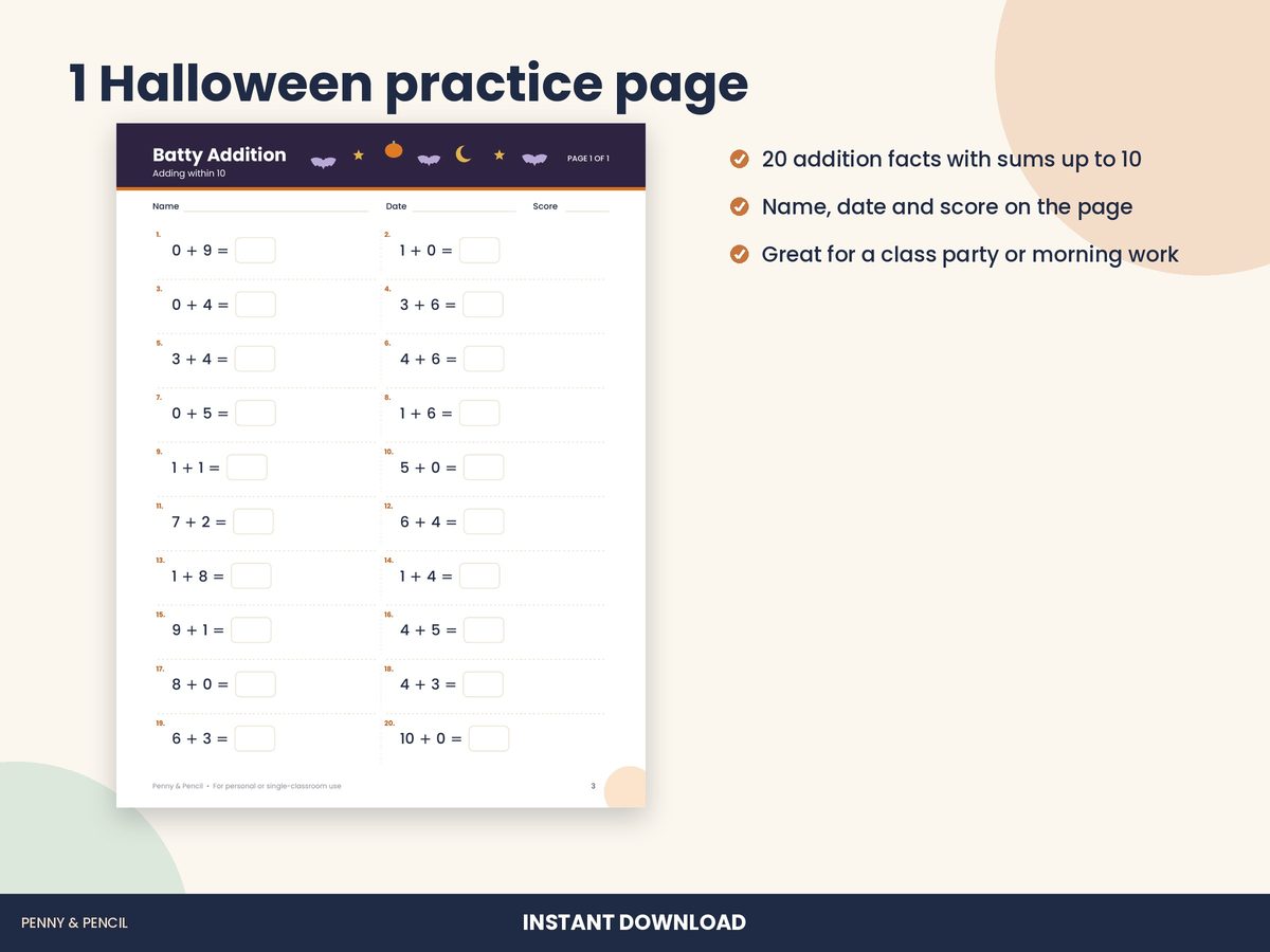 Halloween Addition Within 10: Single Worksheet preview 2