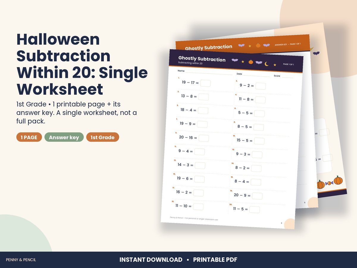 Halloween Subtraction Within 20: Single Worksheet
