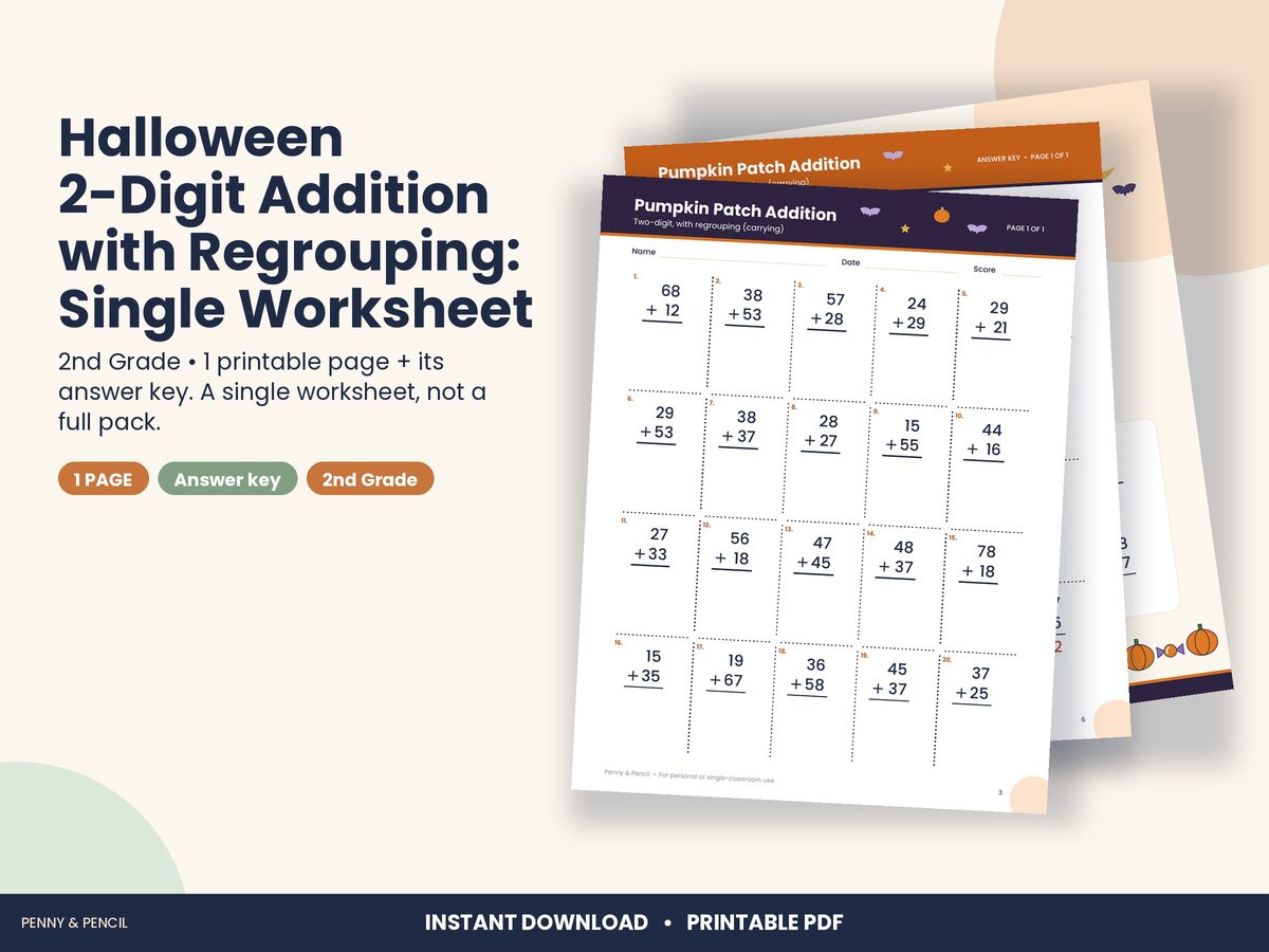 Halloween 2-Digit Addition with Regrouping: Single Worksheet