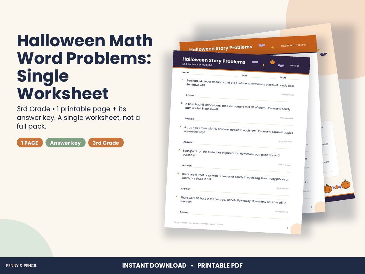 Halloween Math Word Problems: Single Worksheet