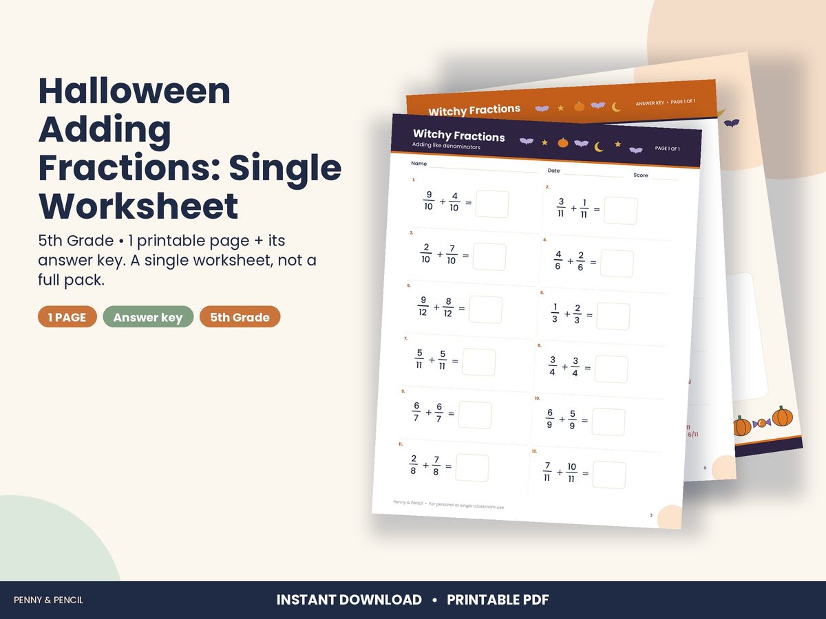 Halloween Adding Fractions: Single Worksheet