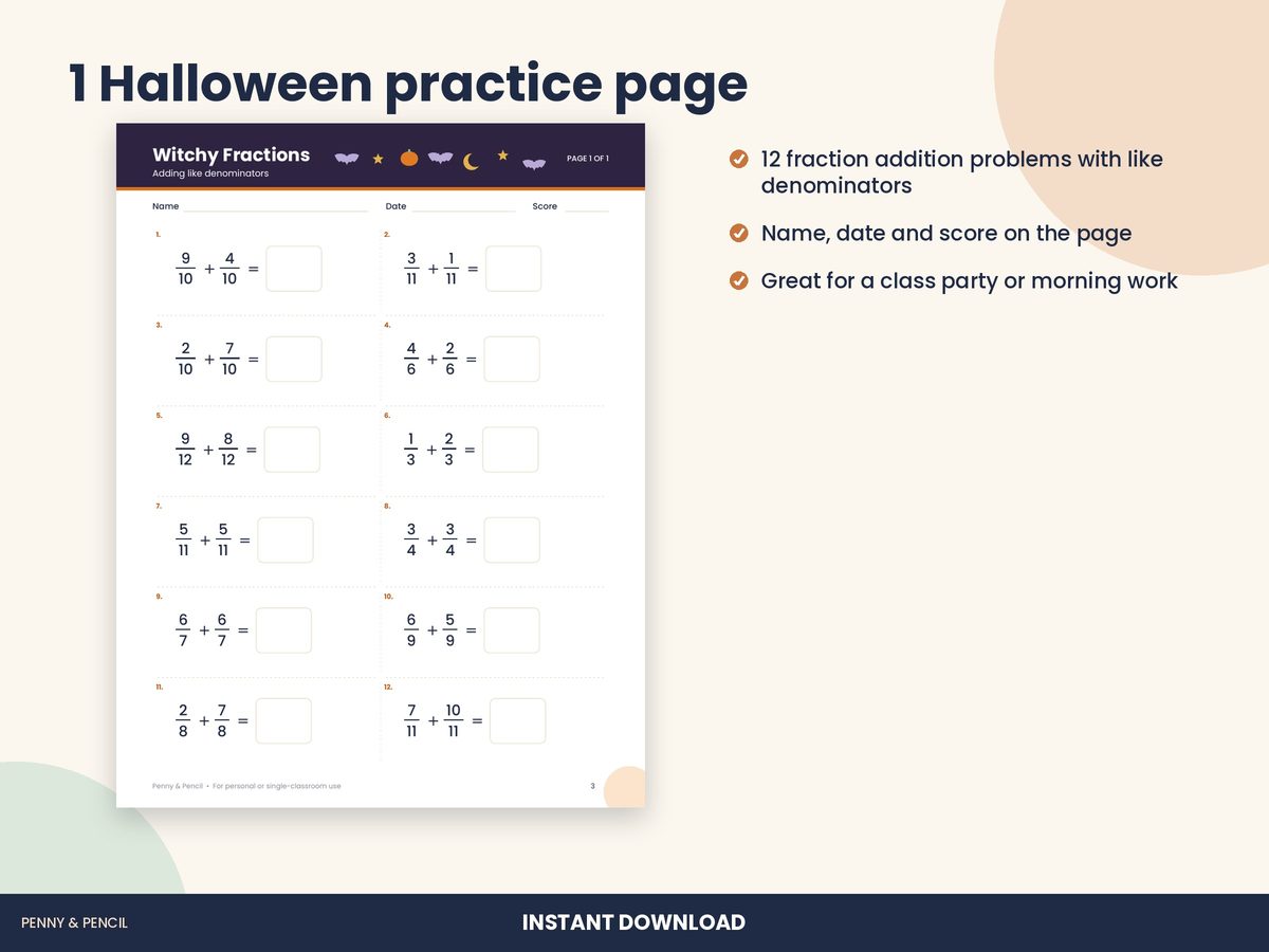 Halloween Adding Fractions: Single Worksheet preview 2