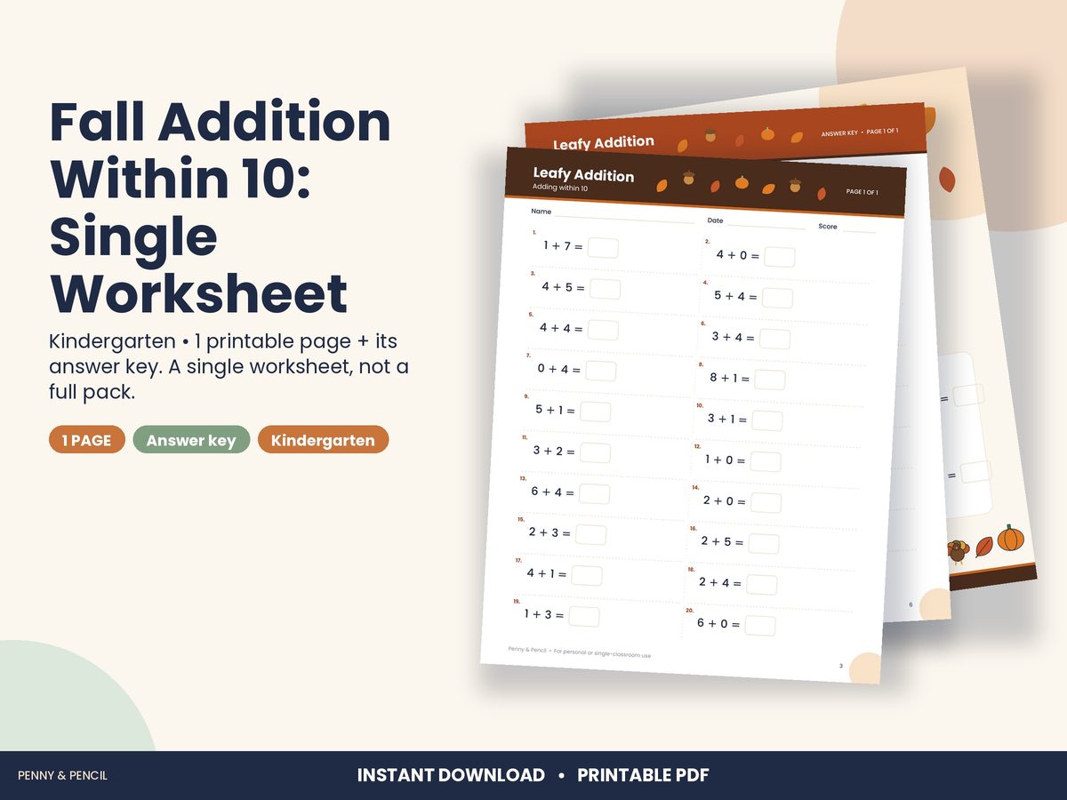 Fall Addition Within 10: Single Worksheet