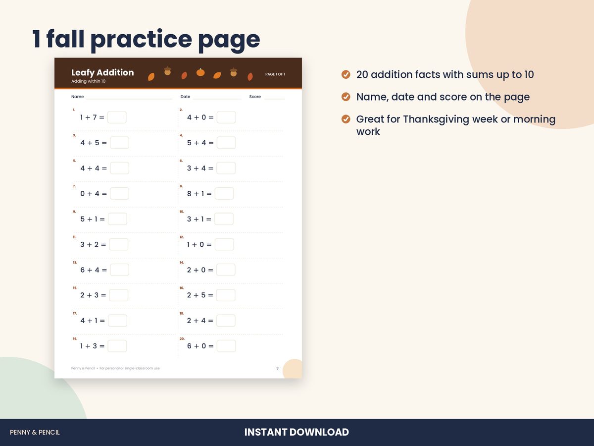 Fall Addition Within 10: Single Worksheet preview 2