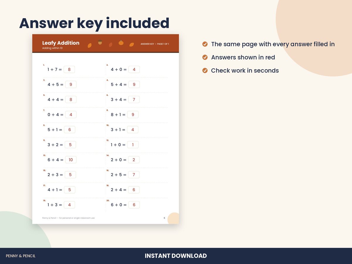 Fall Addition Within 10: Single Worksheet preview 3