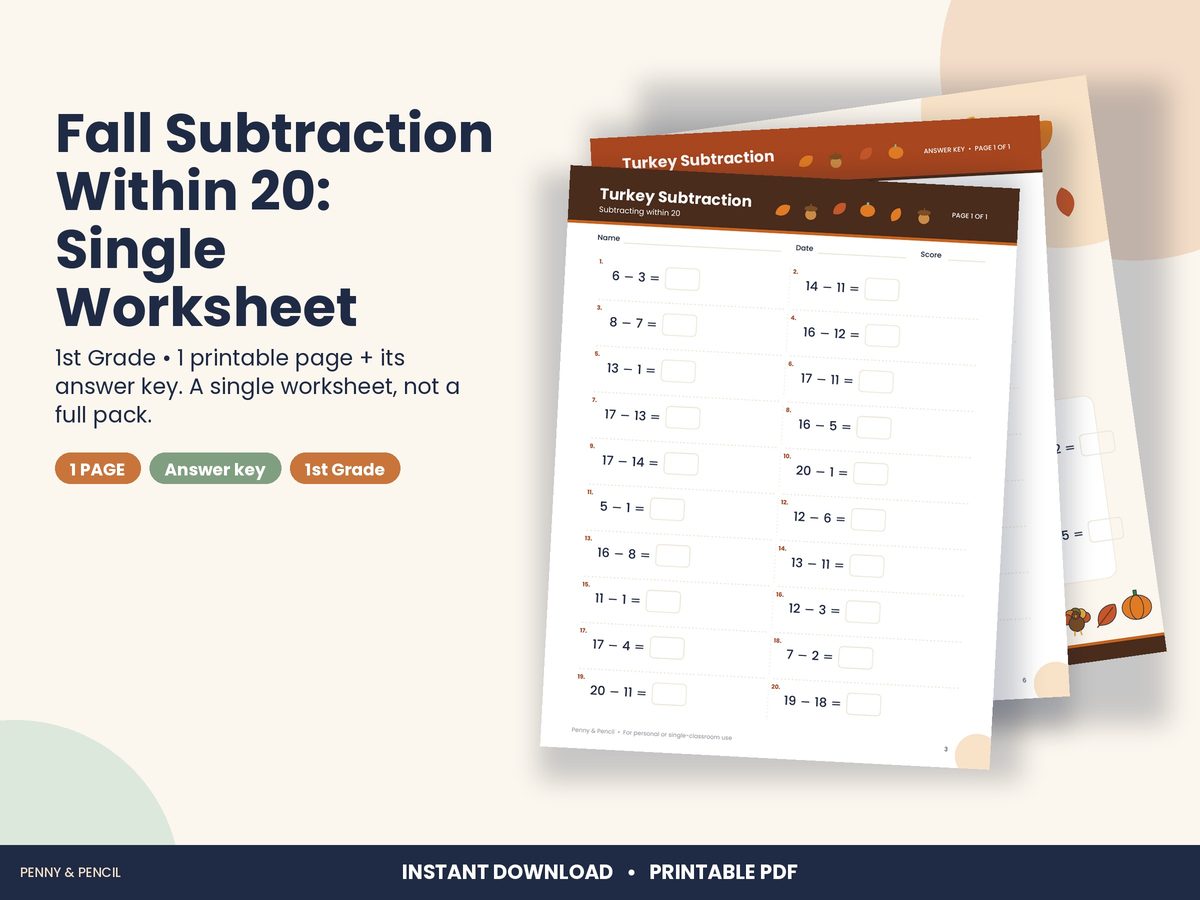 Fall Subtraction Within 20: Single Worksheet