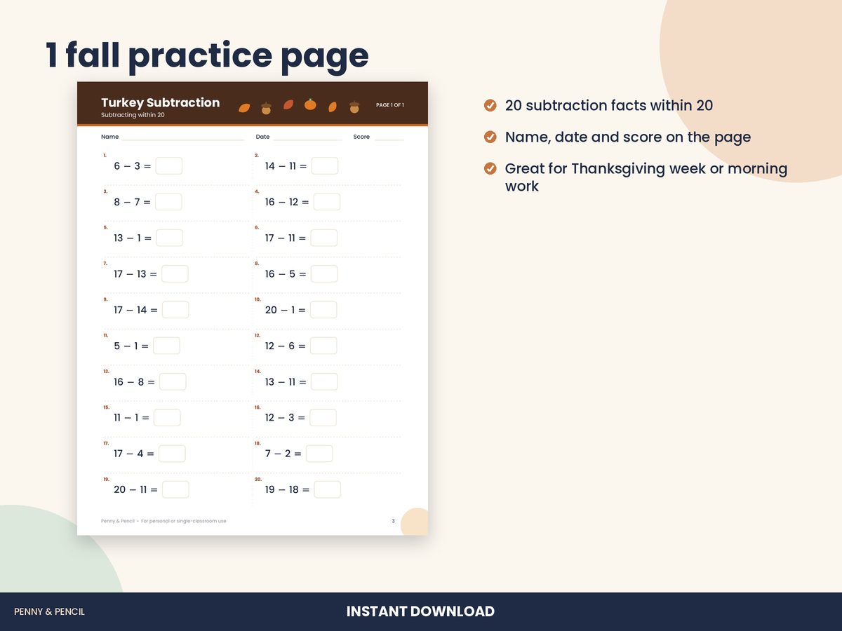 Fall Subtraction Within 20: Single Worksheet preview 2