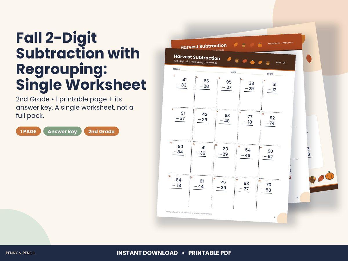 Fall 2-Digit Subtraction with Regrouping: Single Worksheet