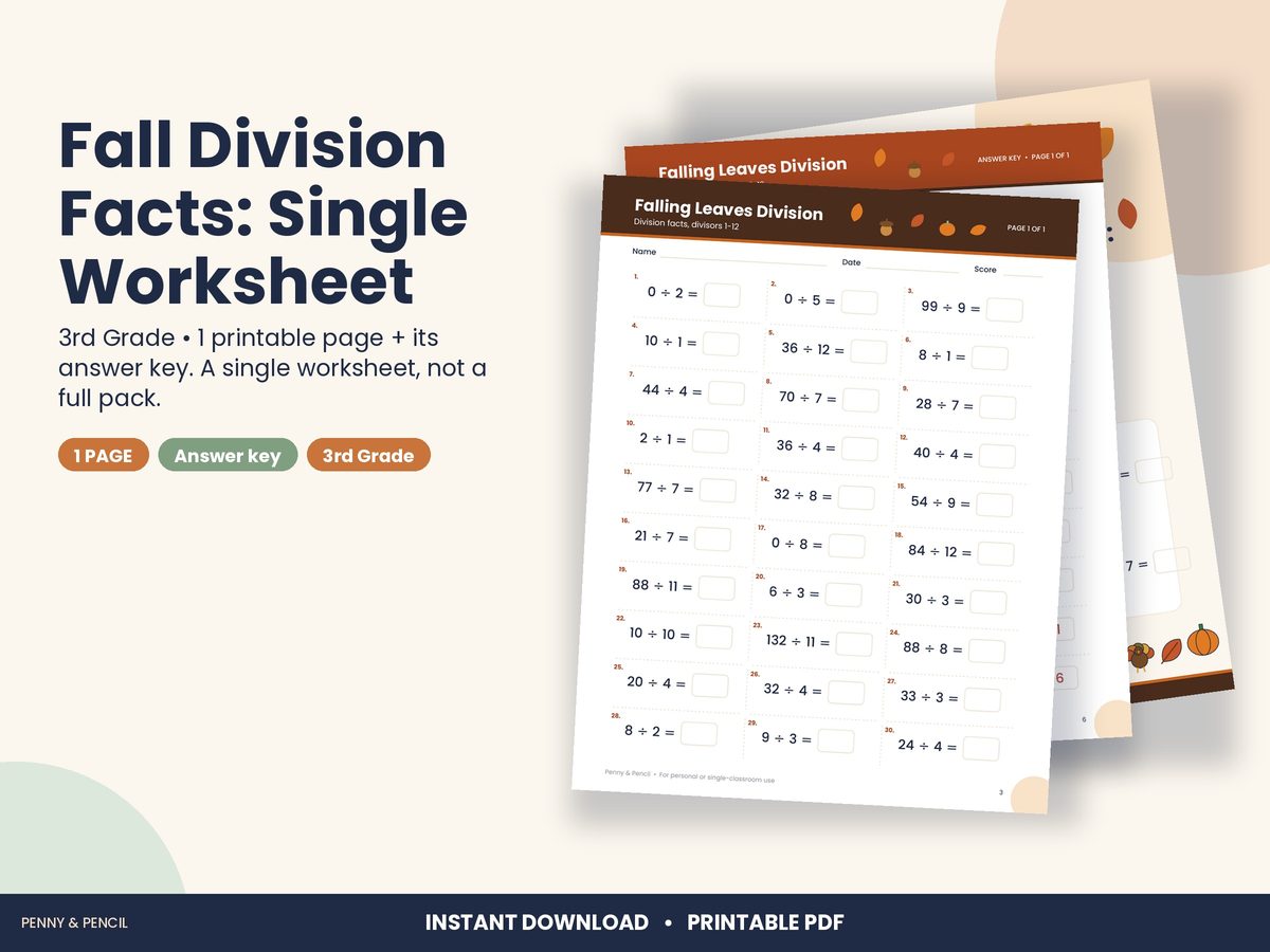 Fall Division Facts: Single Worksheet