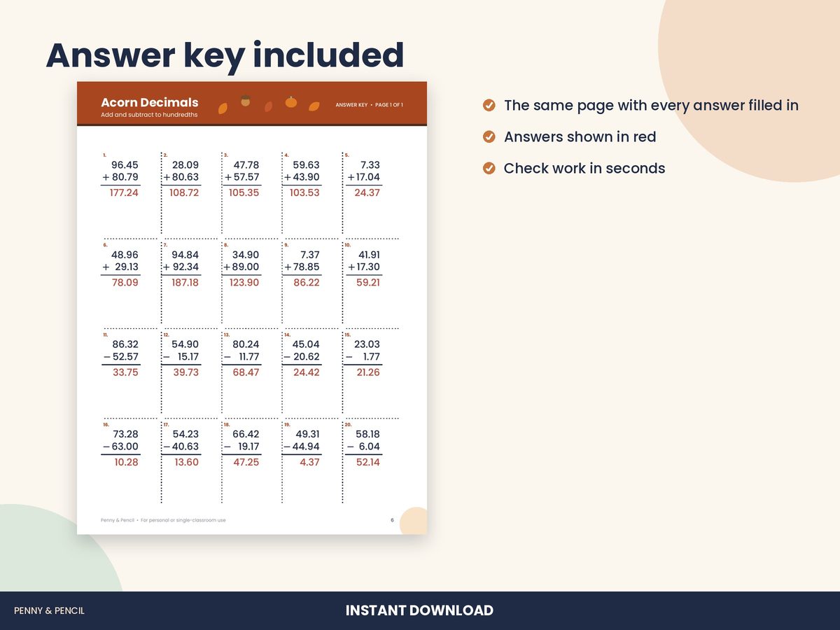 Fall Decimals: Single Worksheet preview 3