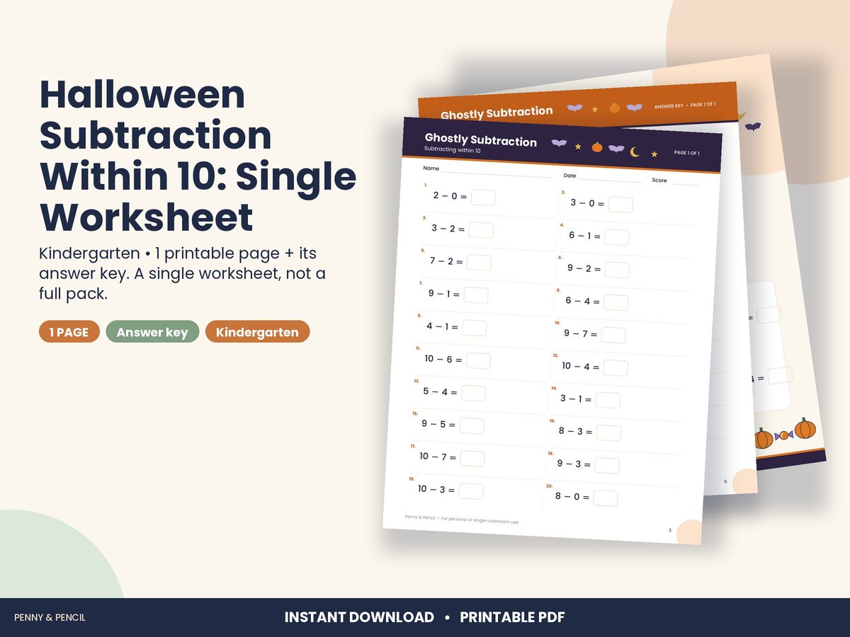 Halloween Subtraction Within 10: Single Worksheet
