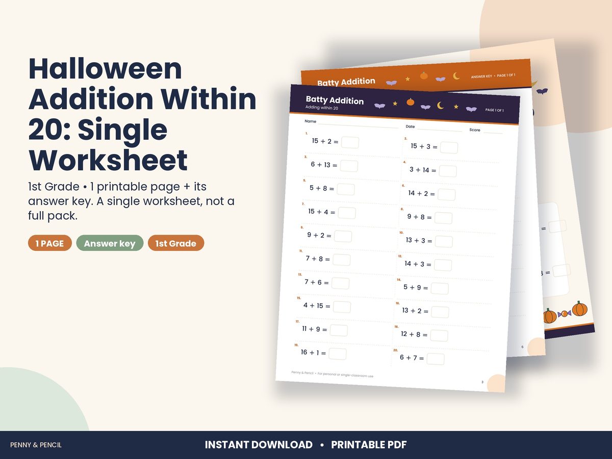 Halloween Addition Within 20: Single Worksheet