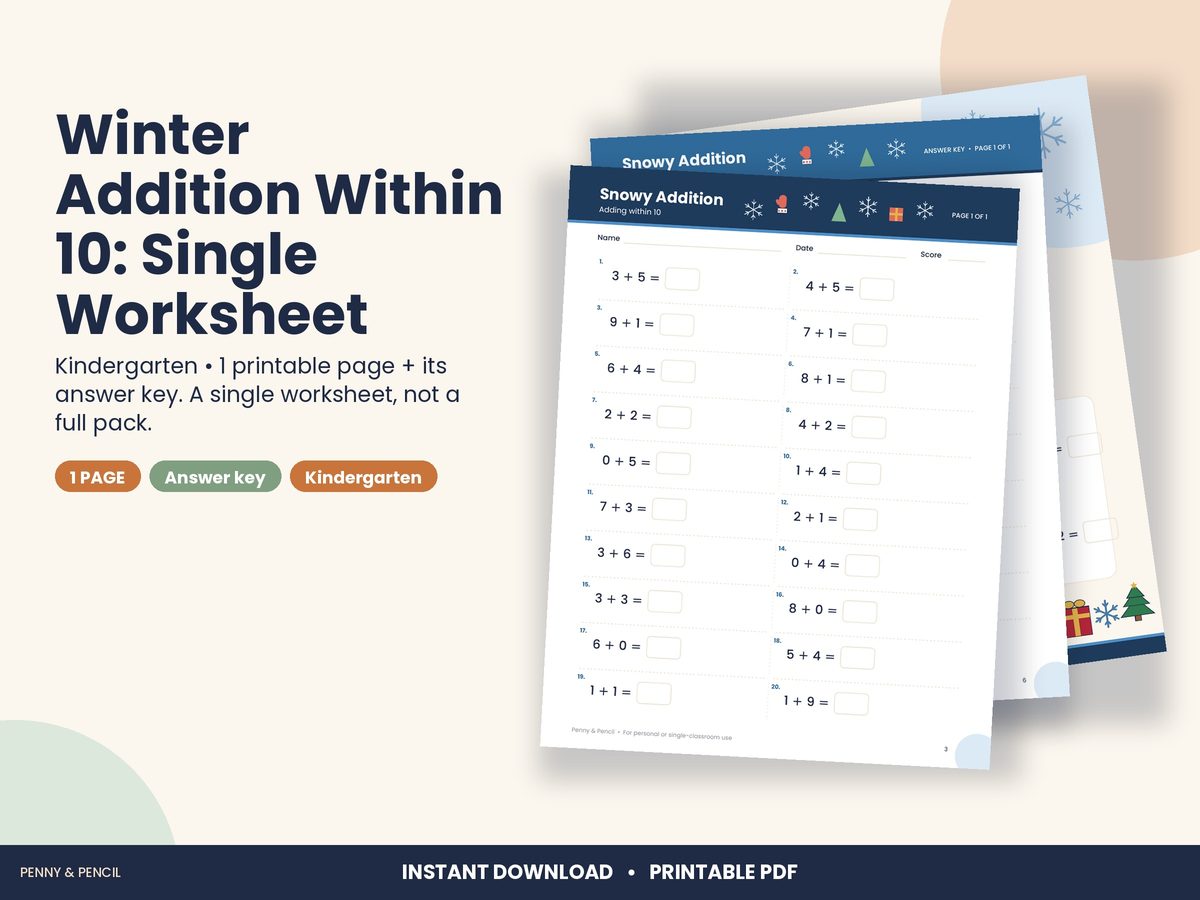 Winter Addition Within 10: Single Worksheet