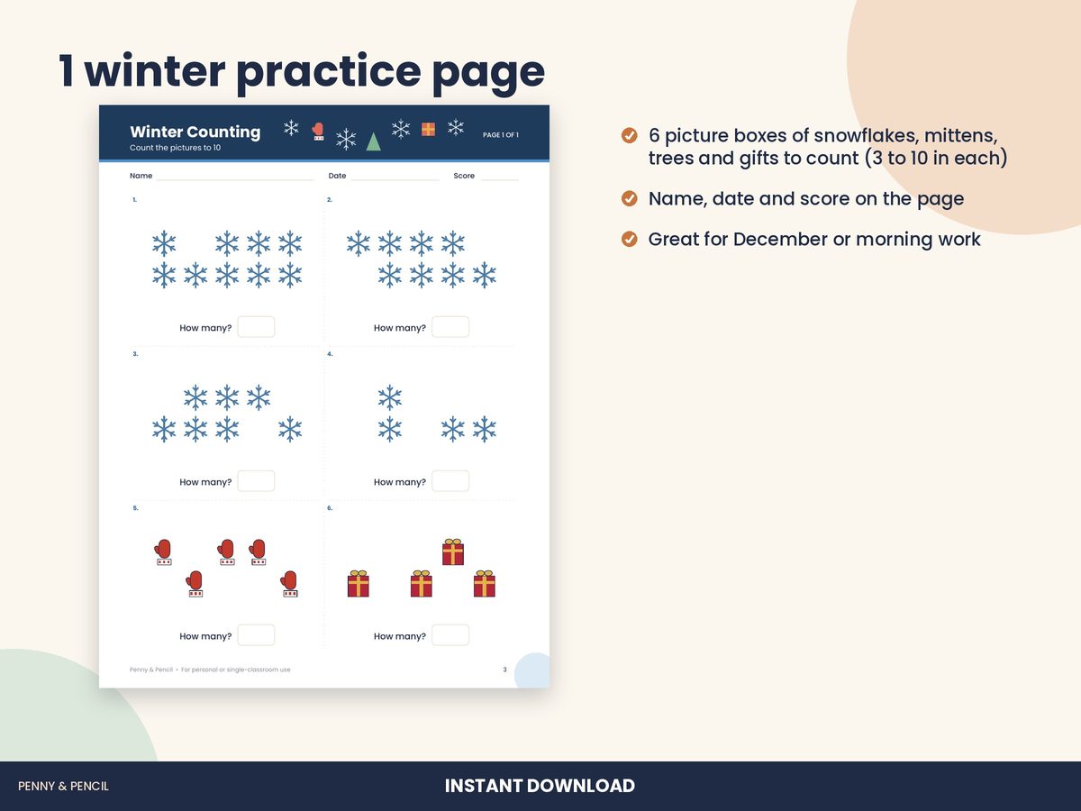 Winter Counting Pictures: Single Worksheet preview 2