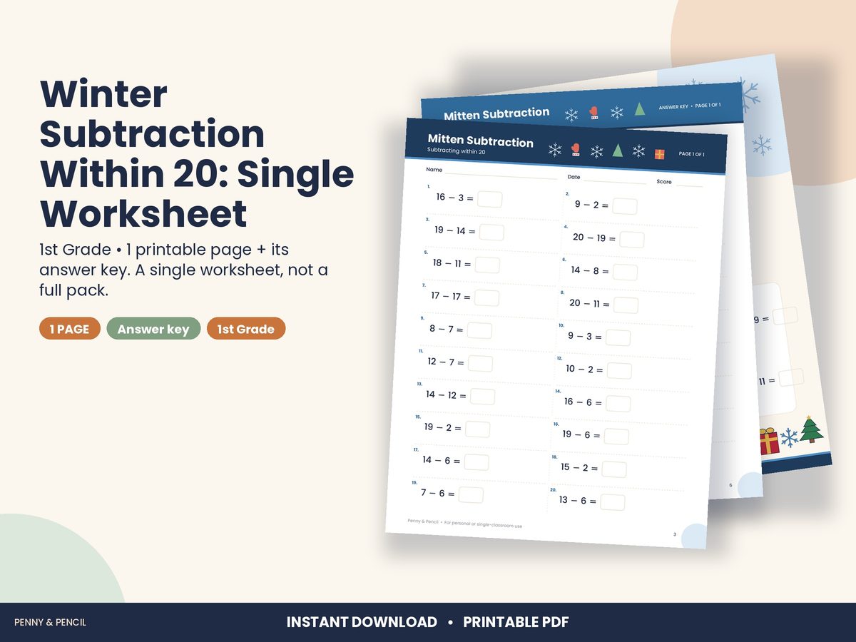 Winter Subtraction Within 20: Single Worksheet