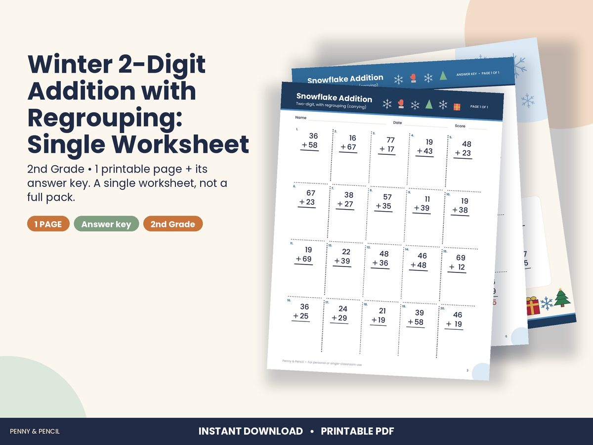 Winter 2-Digit Addition with Regrouping: Single Worksheet