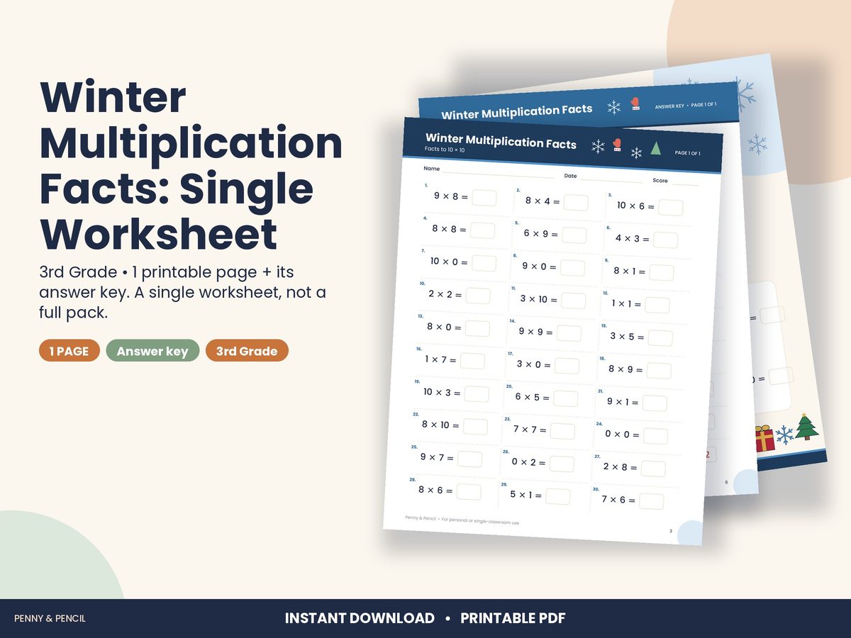 Winter Multiplication Facts: Single Worksheet