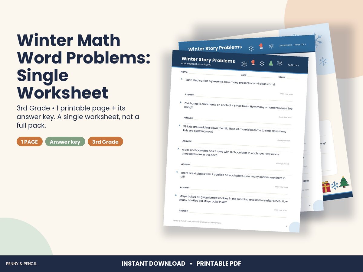 Winter Math Word Problems: Single Worksheet