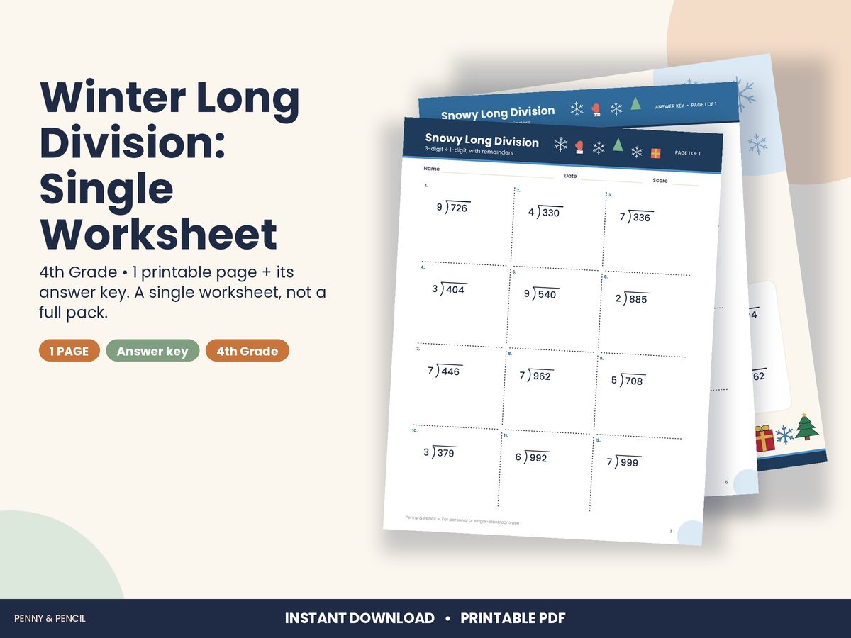 Winter Long Division: Single Worksheet