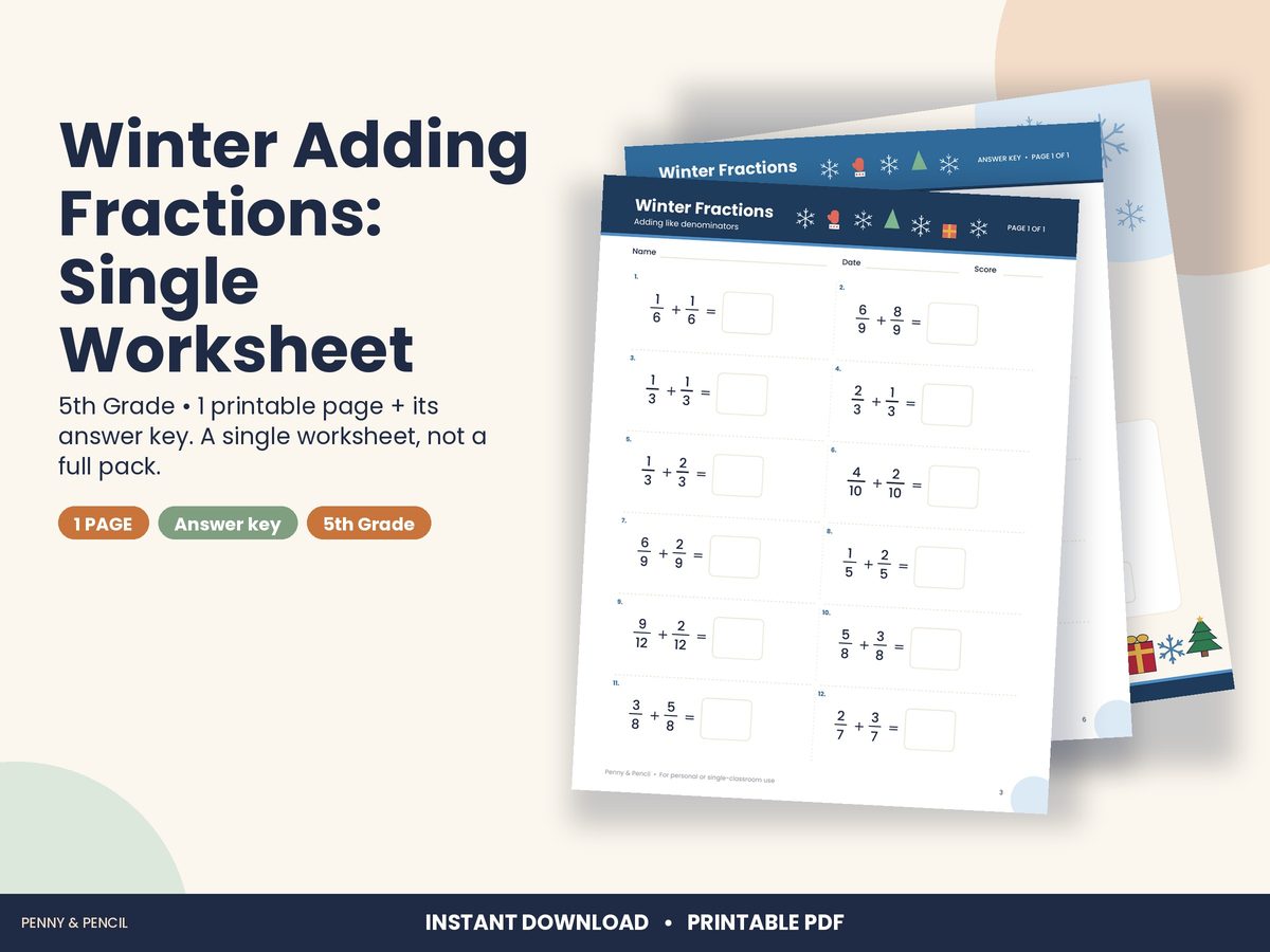Winter Adding Fractions: Single Worksheet