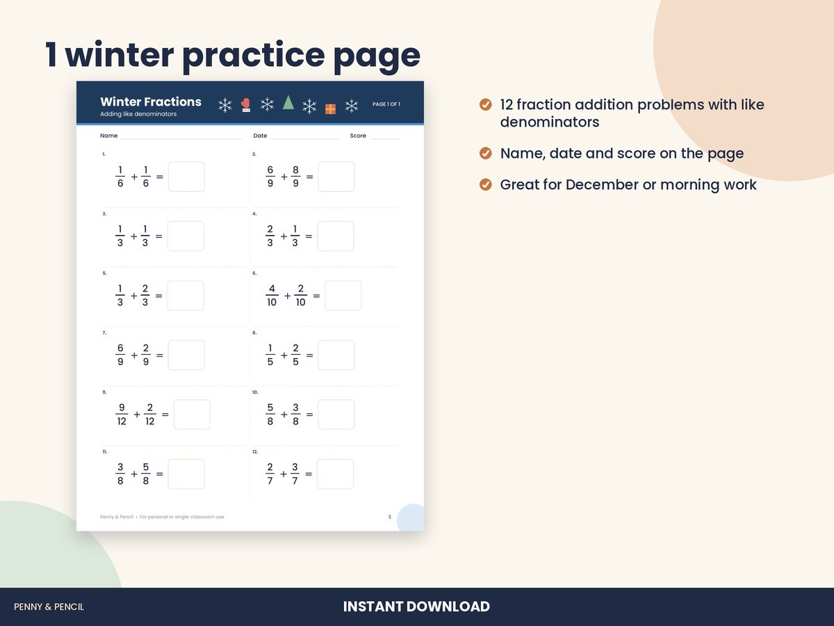 Winter Adding Fractions: Single Worksheet preview 2