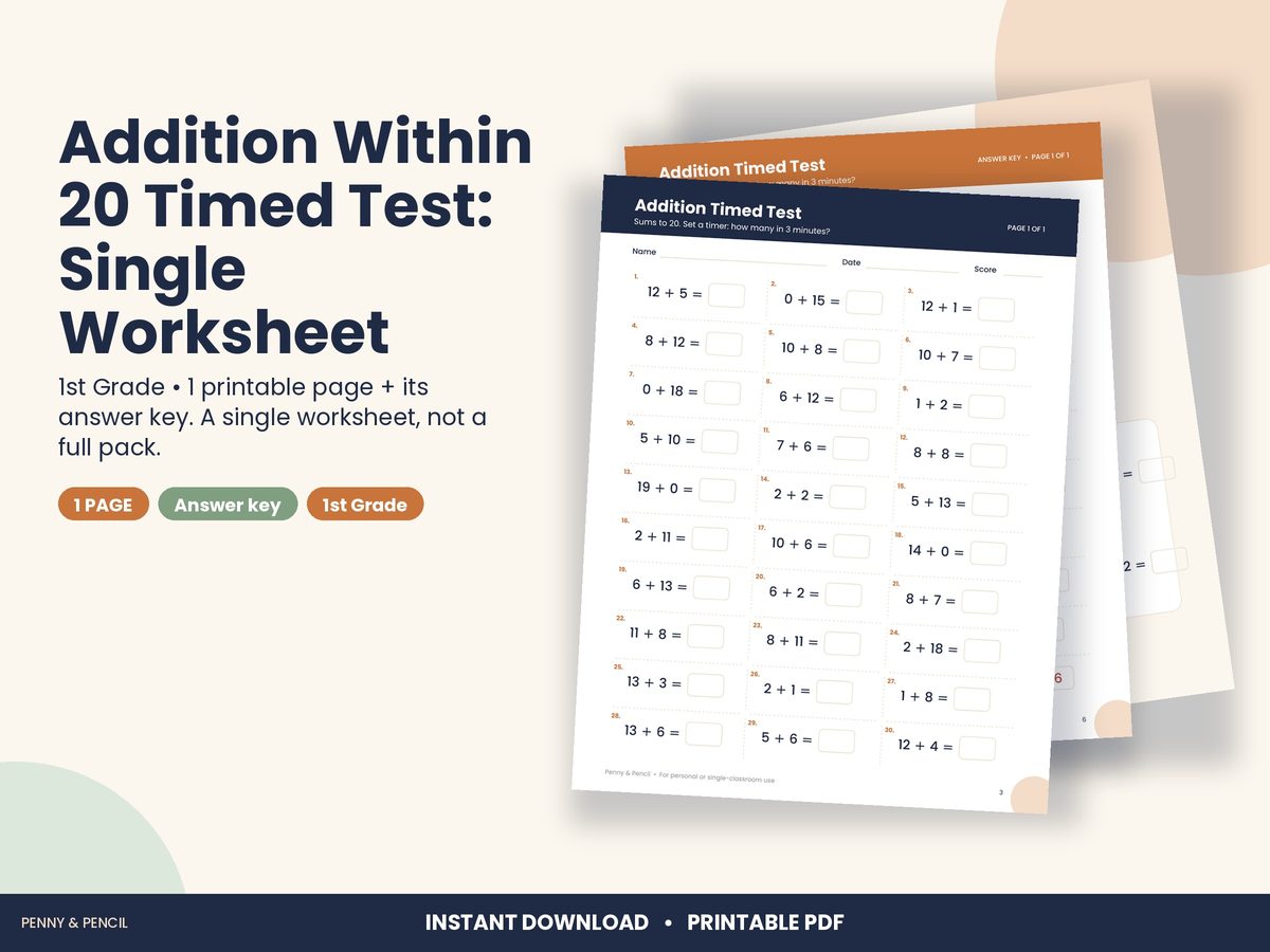 Addition Within 20 Timed Test: Single Worksheet