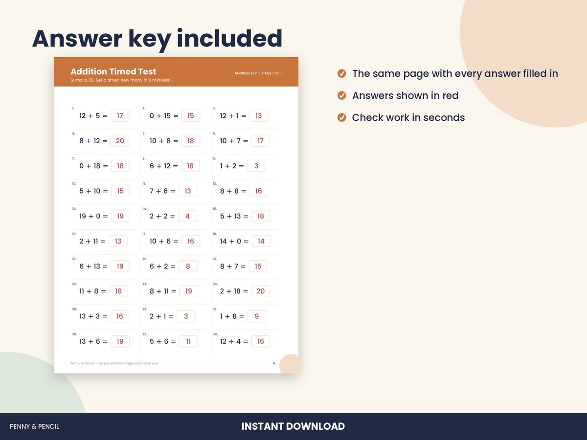 Addition Within 20 Timed Test: Single Worksheet preview 3