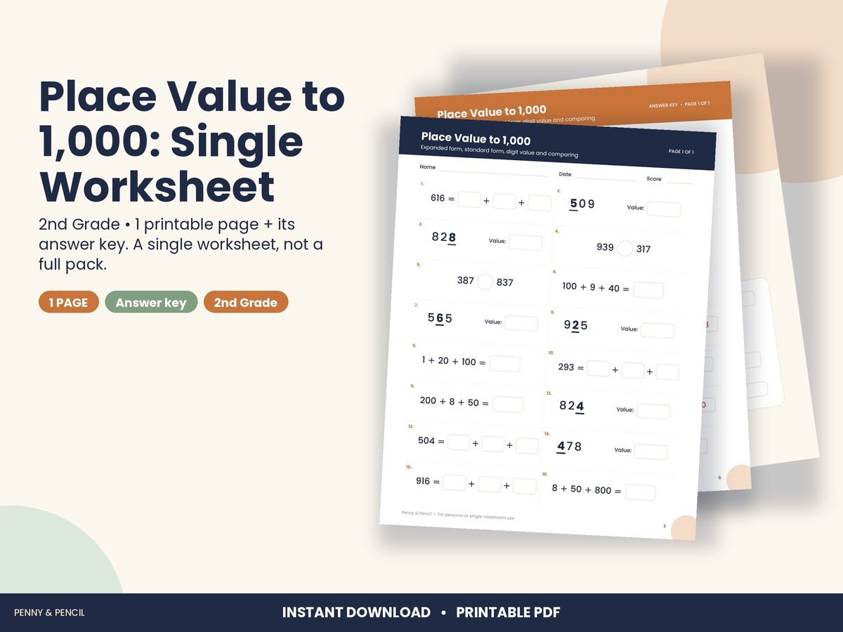 Place Value to 1,000: Single Worksheet
