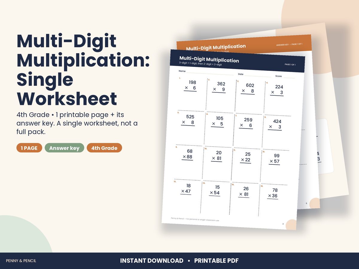 Multi-Digit Multiplication: Single Worksheet