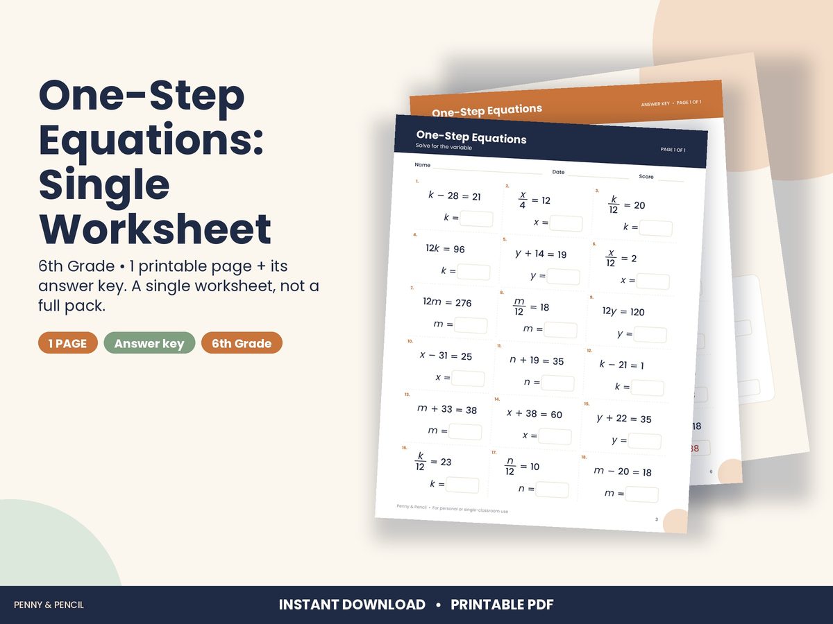 One-Step Equations: Single Worksheet