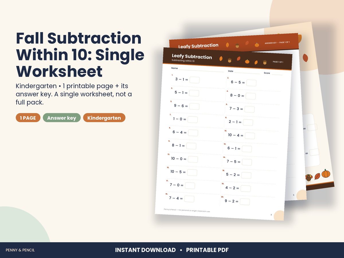 Fall Subtraction Within 10: Single Worksheet