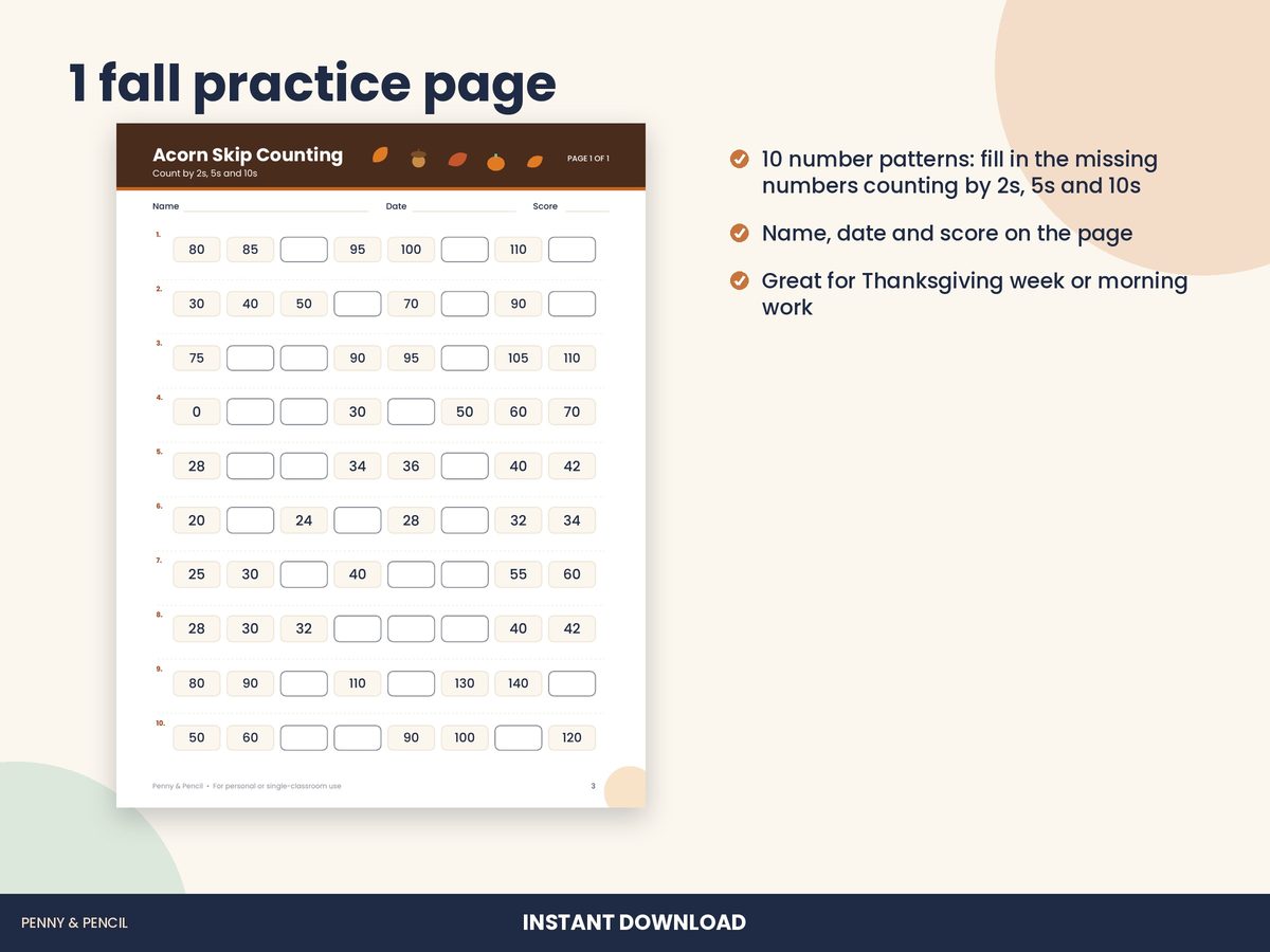 Fall Skip Counting: Single Worksheet preview 2