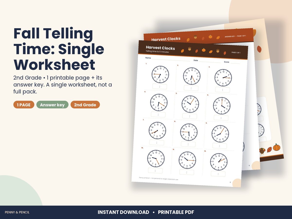 Fall Telling Time: Single Worksheet