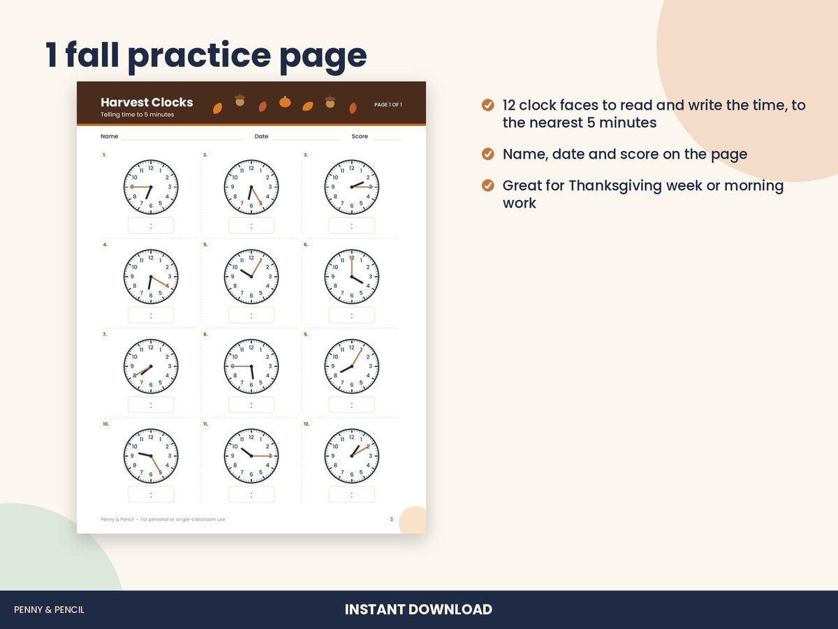 Fall Telling Time: Single Worksheet preview 2