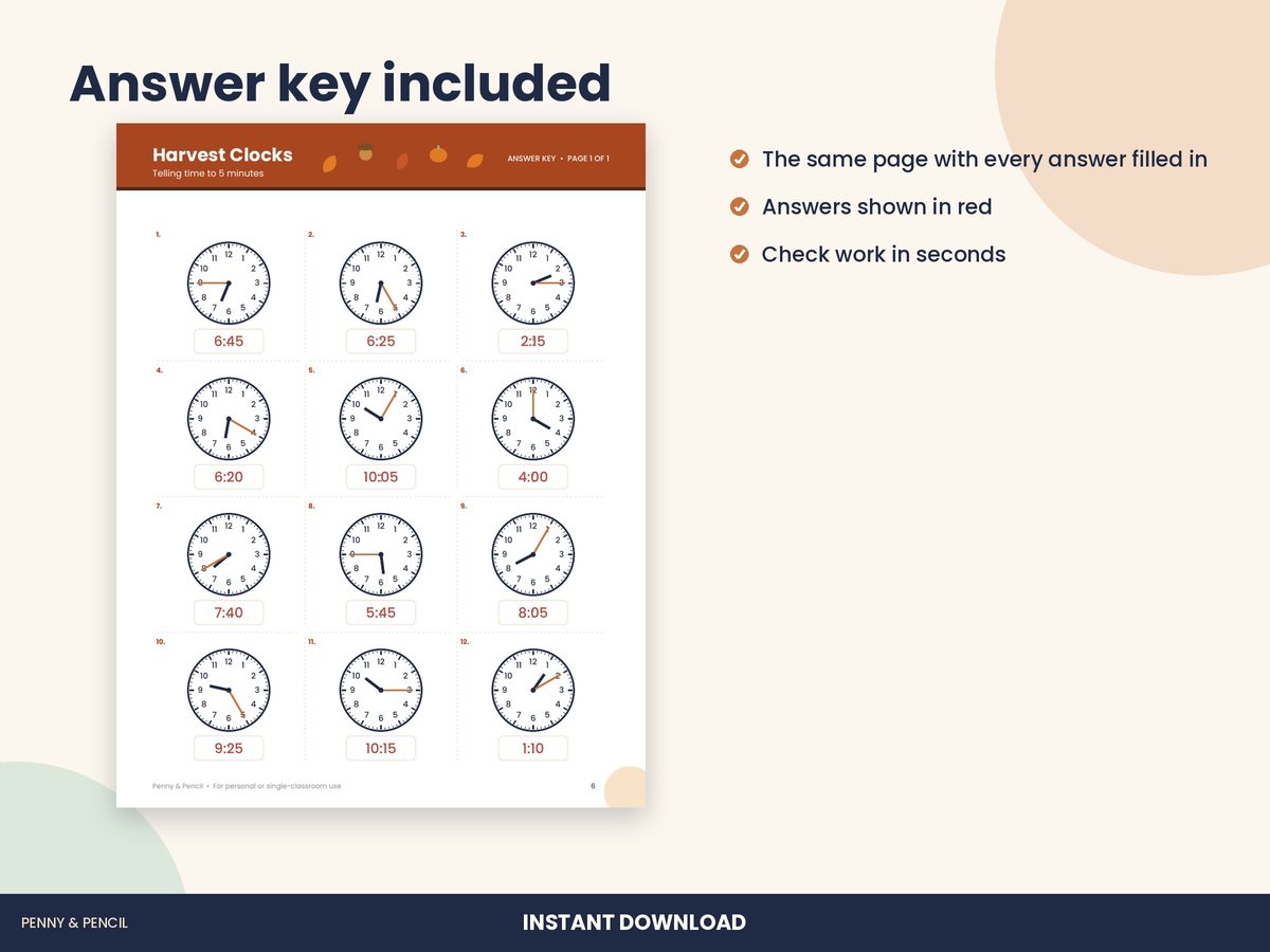 Fall Telling Time: Single Worksheet preview 3