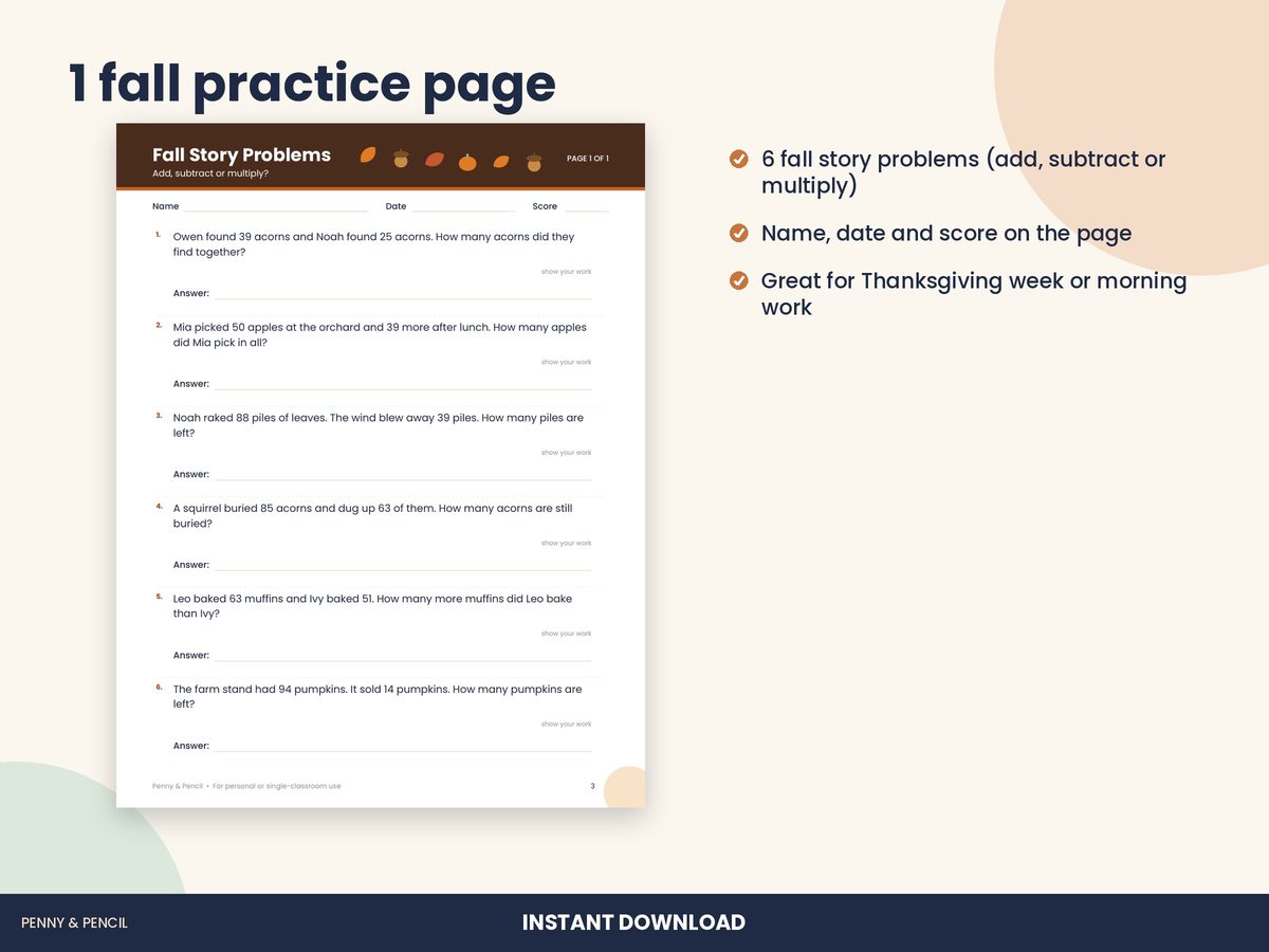 Fall Math Word Problems: Single Worksheet preview 2