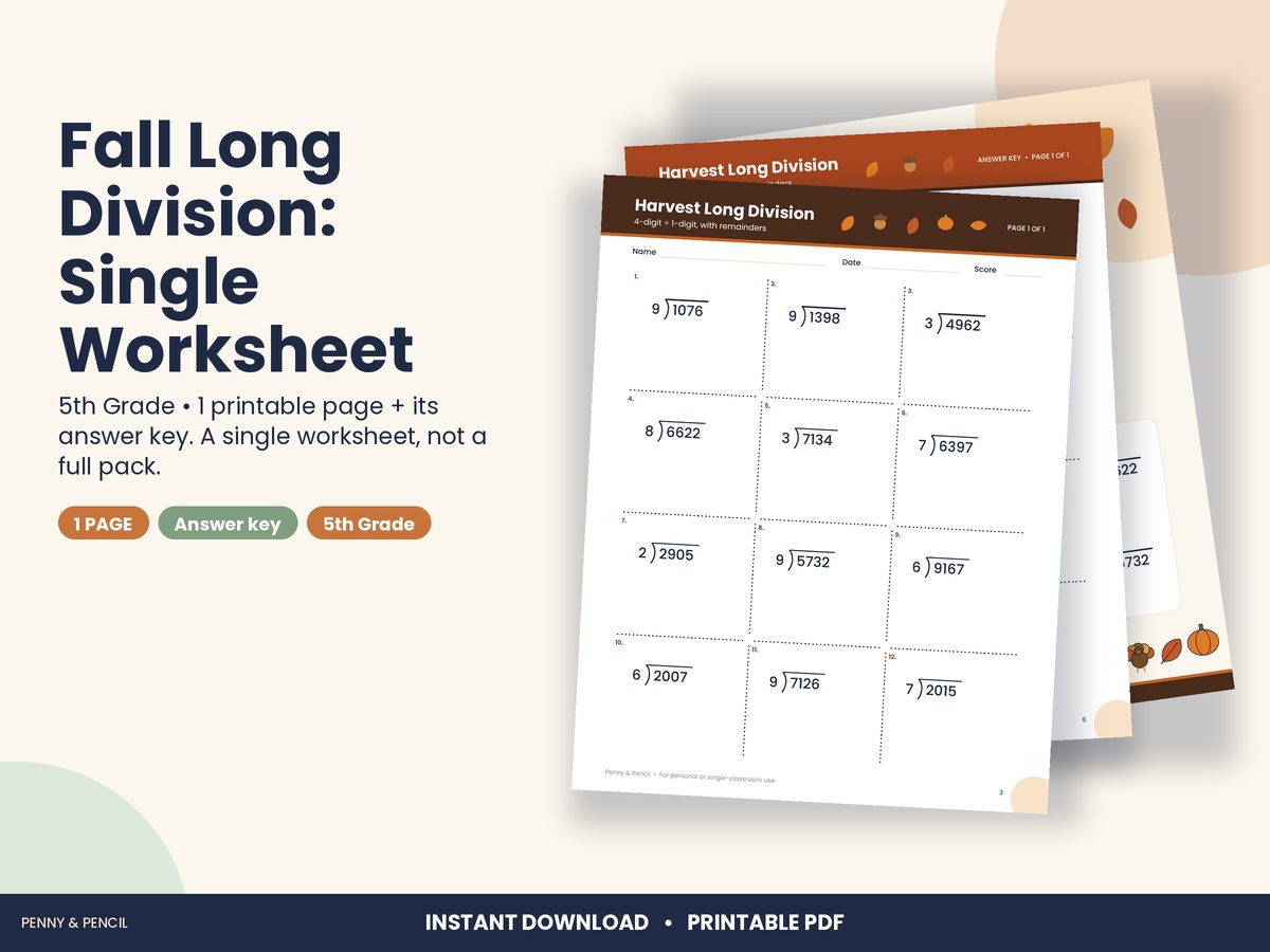 Fall Long Division: Single Worksheet