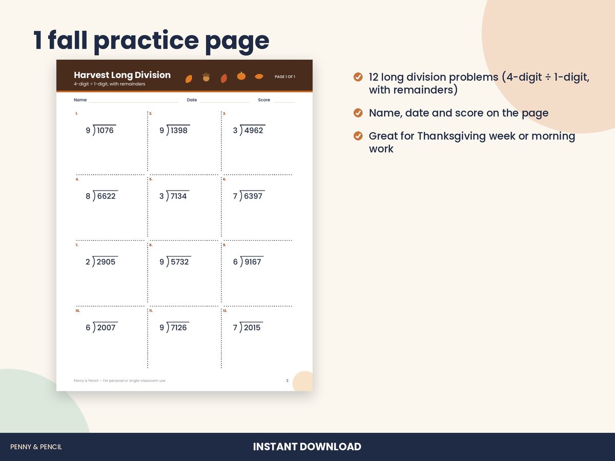 Fall Long Division: Single Worksheet preview 2
