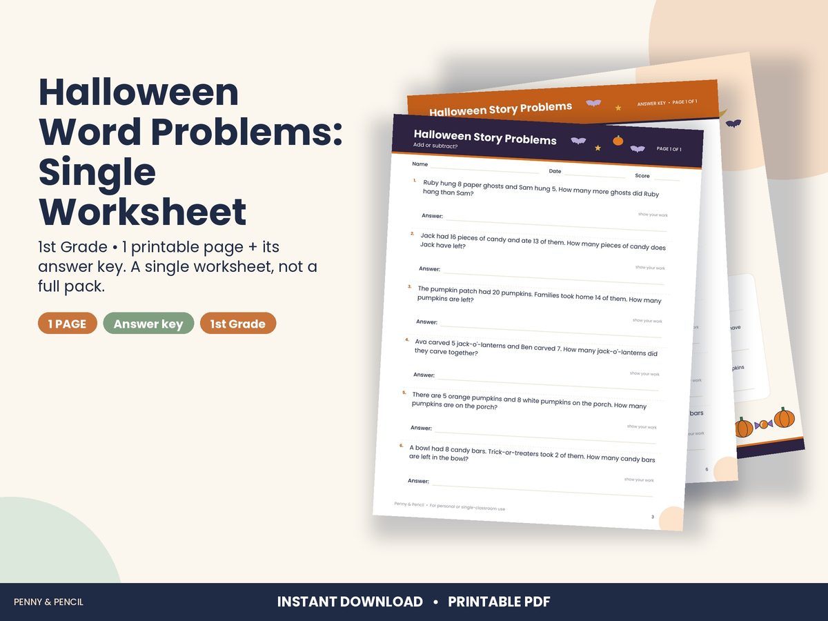 Halloween Word Problems: Single Worksheet